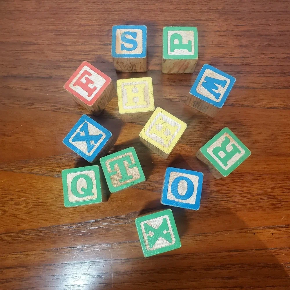 VTG 1976 Milton Bradley Playskool Letter Wood Blocks Kids Learning Toy - 12 blks